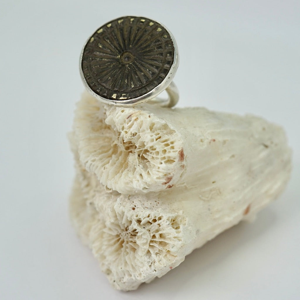 Large Etched Sunburst Bronze Silver Ring