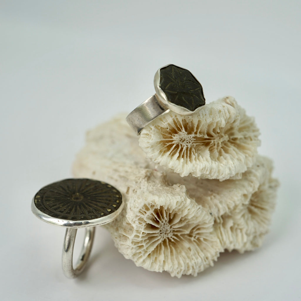 Large Etched Sunburst Bronze Silver Ring
