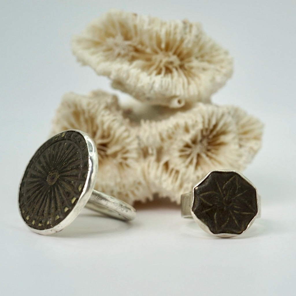 Large Etched Sunburst Bronze Silver Ring