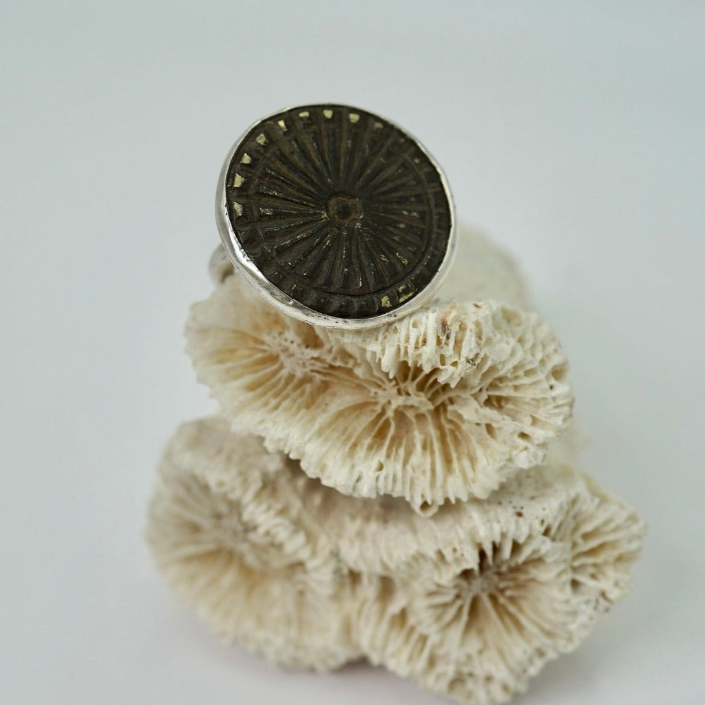 Large Etched Sunburst Bronze Silver Ring