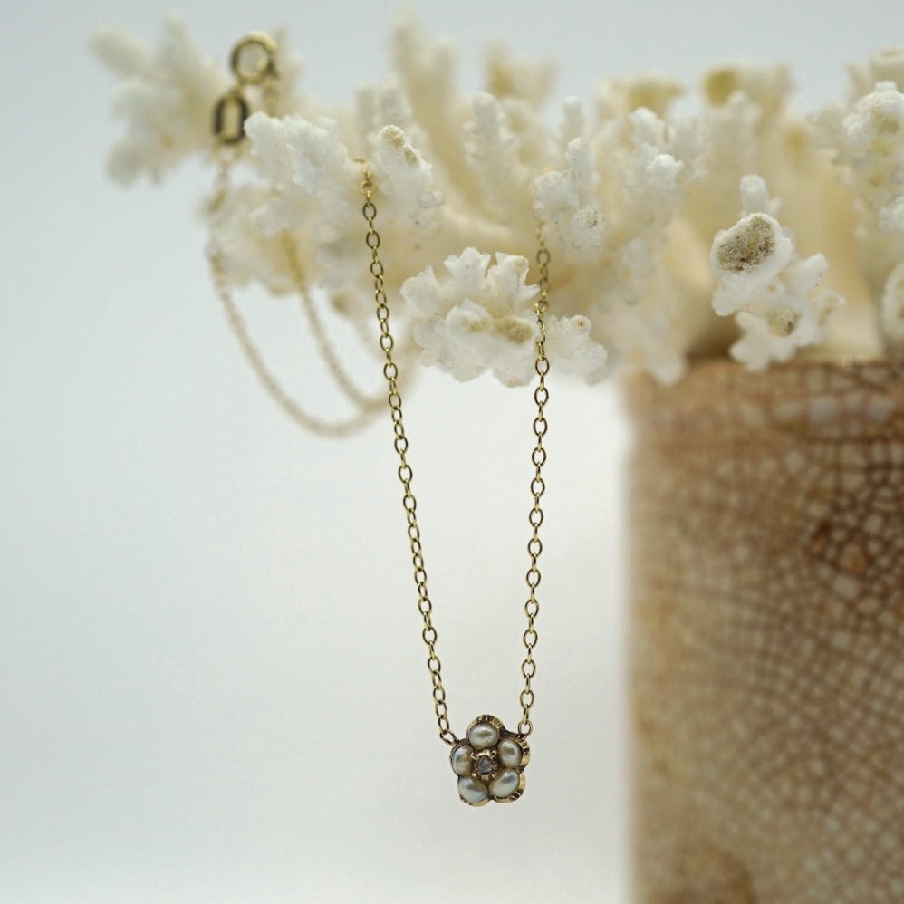 Gold Diamond and seed pearl Flower necklace