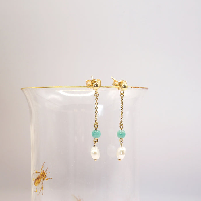 Gold Turquoise and Freshwater Pearl Drop Earrings