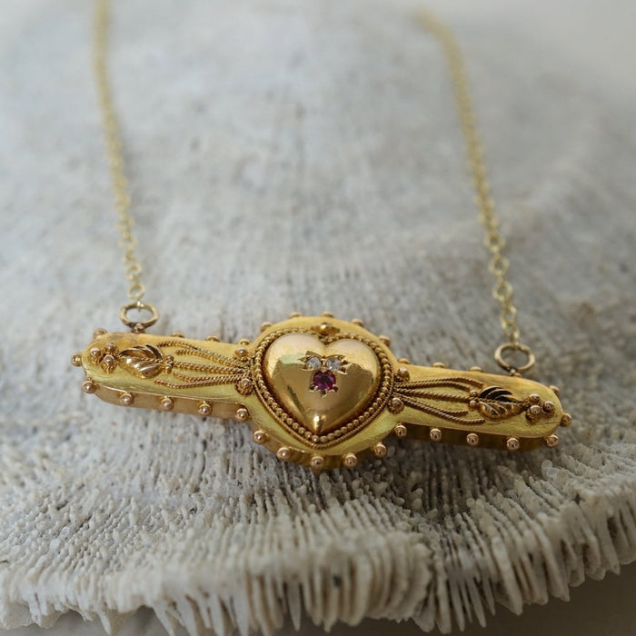 15ct Gold Ruby and Diamond Heart Necklace. Badgers Velvet