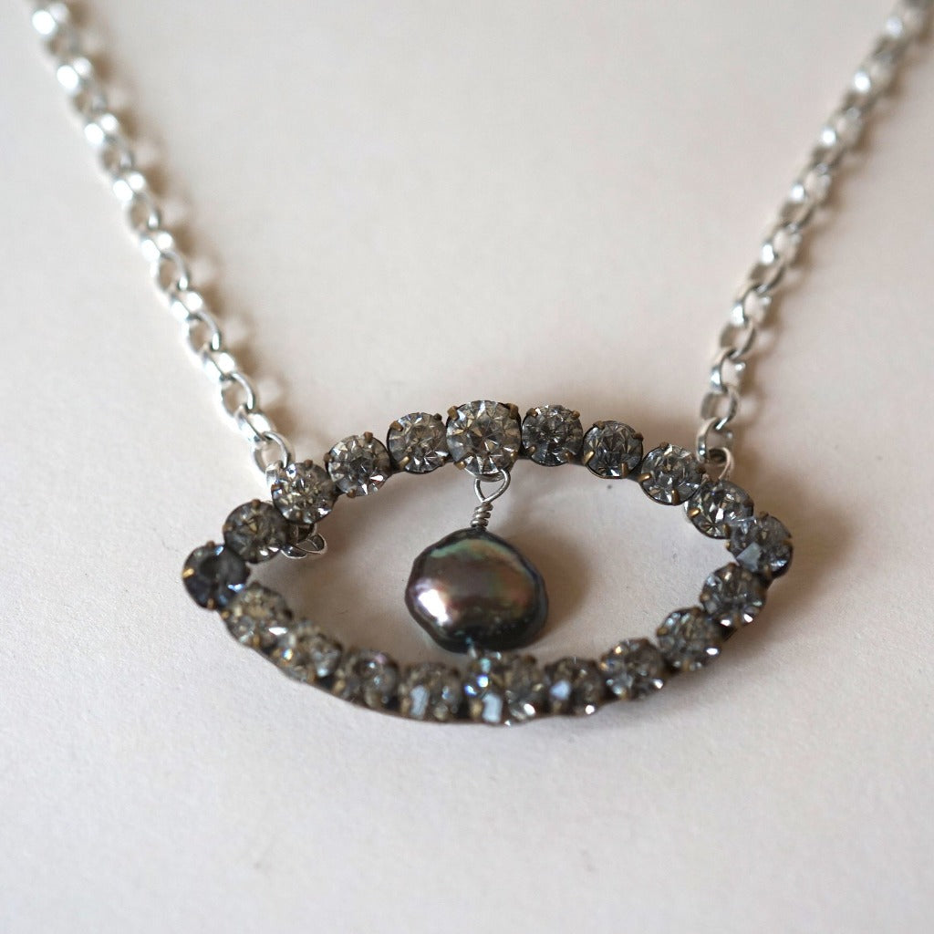 Diamante and Grey Pearl 3rd Eye Silver Necklace
