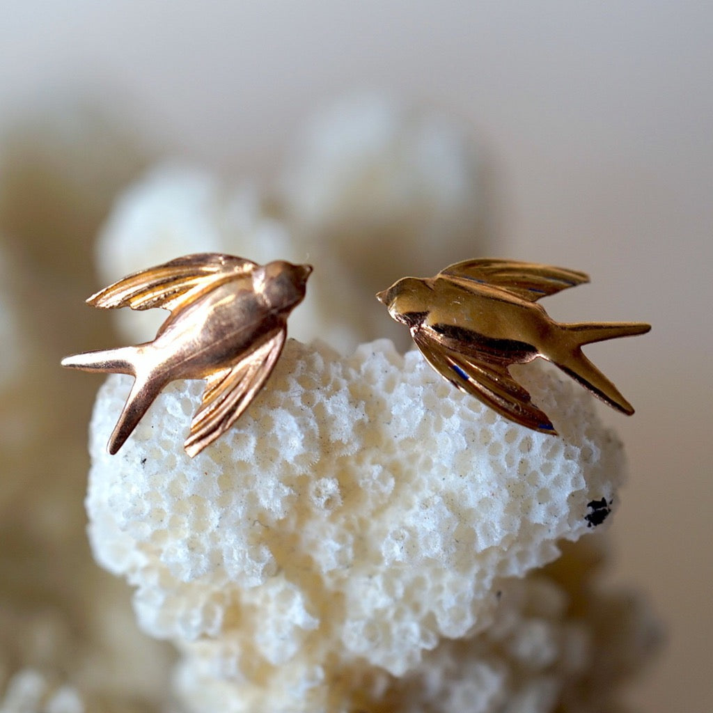 9ct Gold Swallow earrings. Badgers Velvet