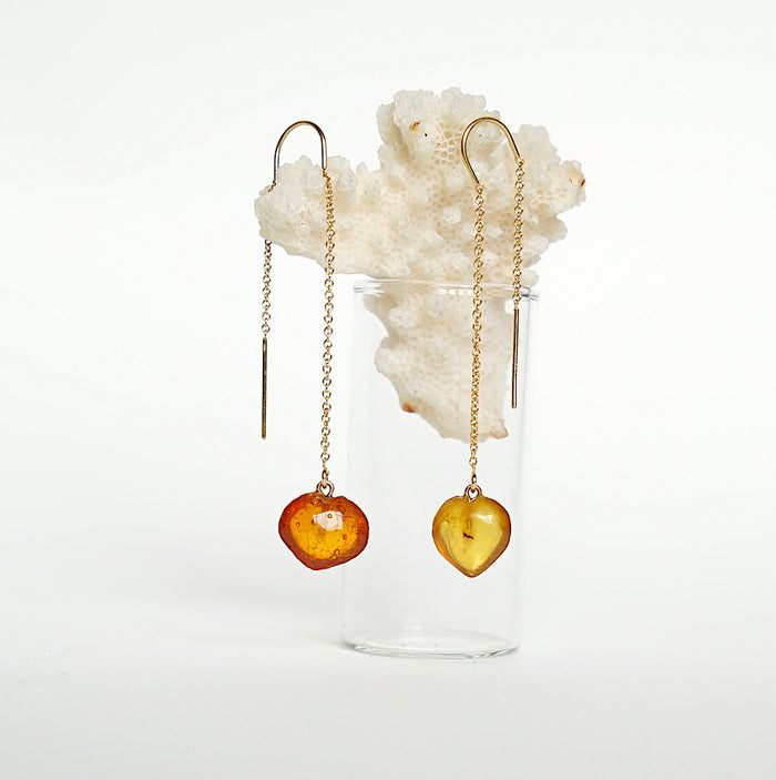 Victorian Amber Heart and Gold Threader Earrings
