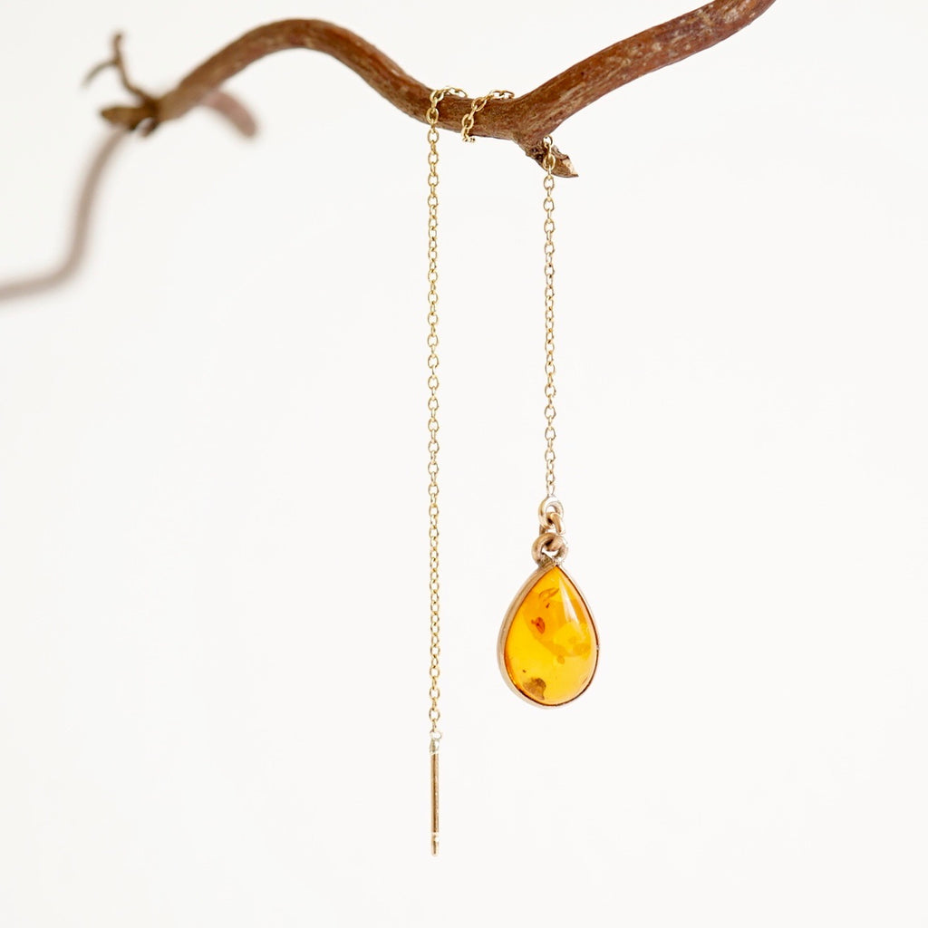 Amber Teardrop and Gold Threader Earrings