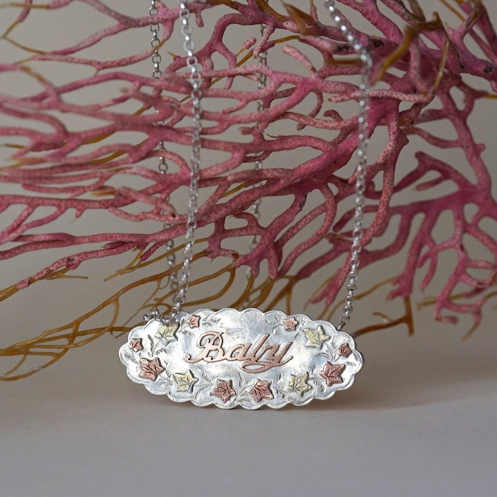 Silver BABY and Gold Leaf Necklace Badger's Velvet