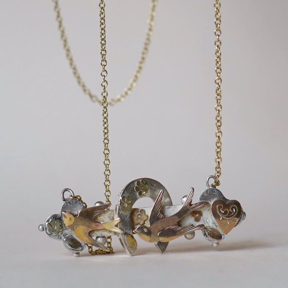 Antique Silver and Gold Swallow and Horseshoe Necklace, Badger's Velvet