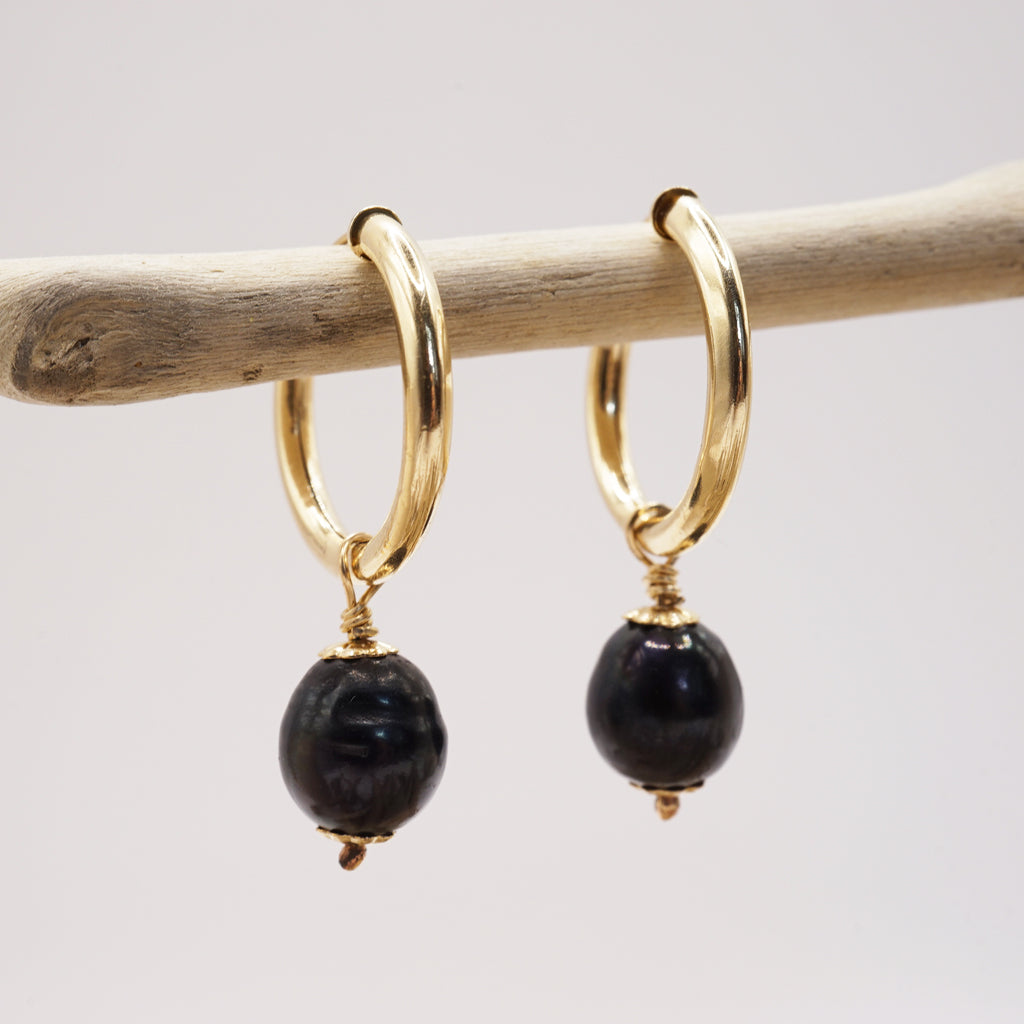 Gold and Black Freshwater Pearl Hoops