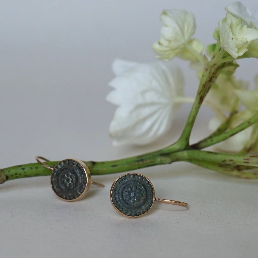 Gold and 18thC Bronze Button Hook Earrings Badgers Velvet