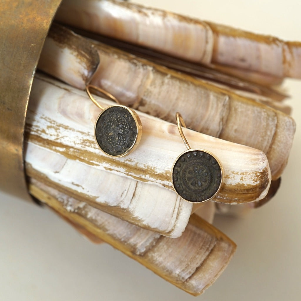 Gold and 18thC Bronze Button Hook Earrings. Badger's Velvet