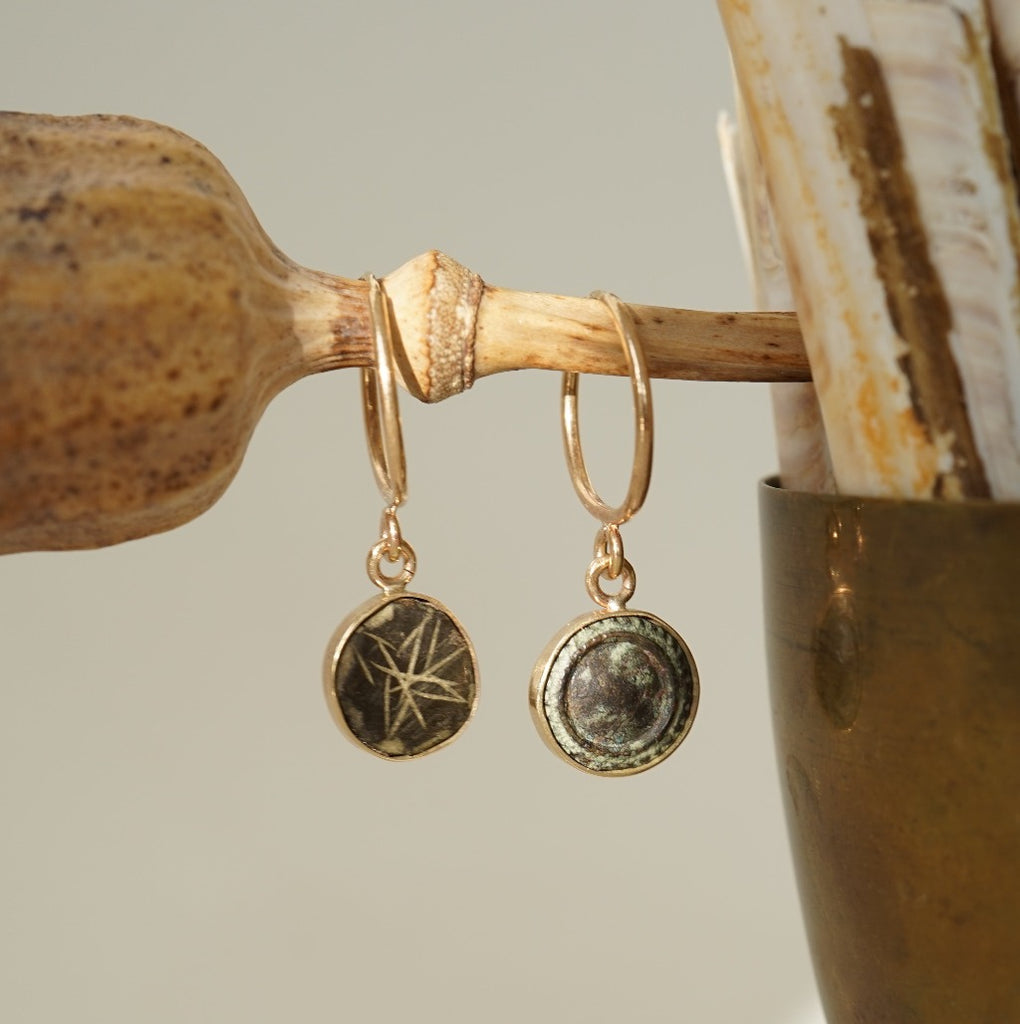 Gold and 18thC Bronze Button Hoop Earrings. Badger's Velvet