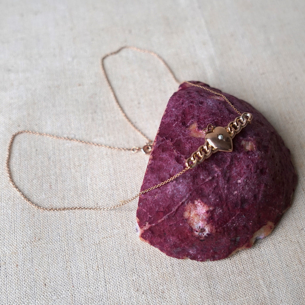Modern Antique Gold Heart & Curb Chain necklace with seed pearl.