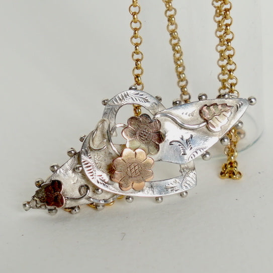 Antique Rose Gold and Silver Love Token Necklace.