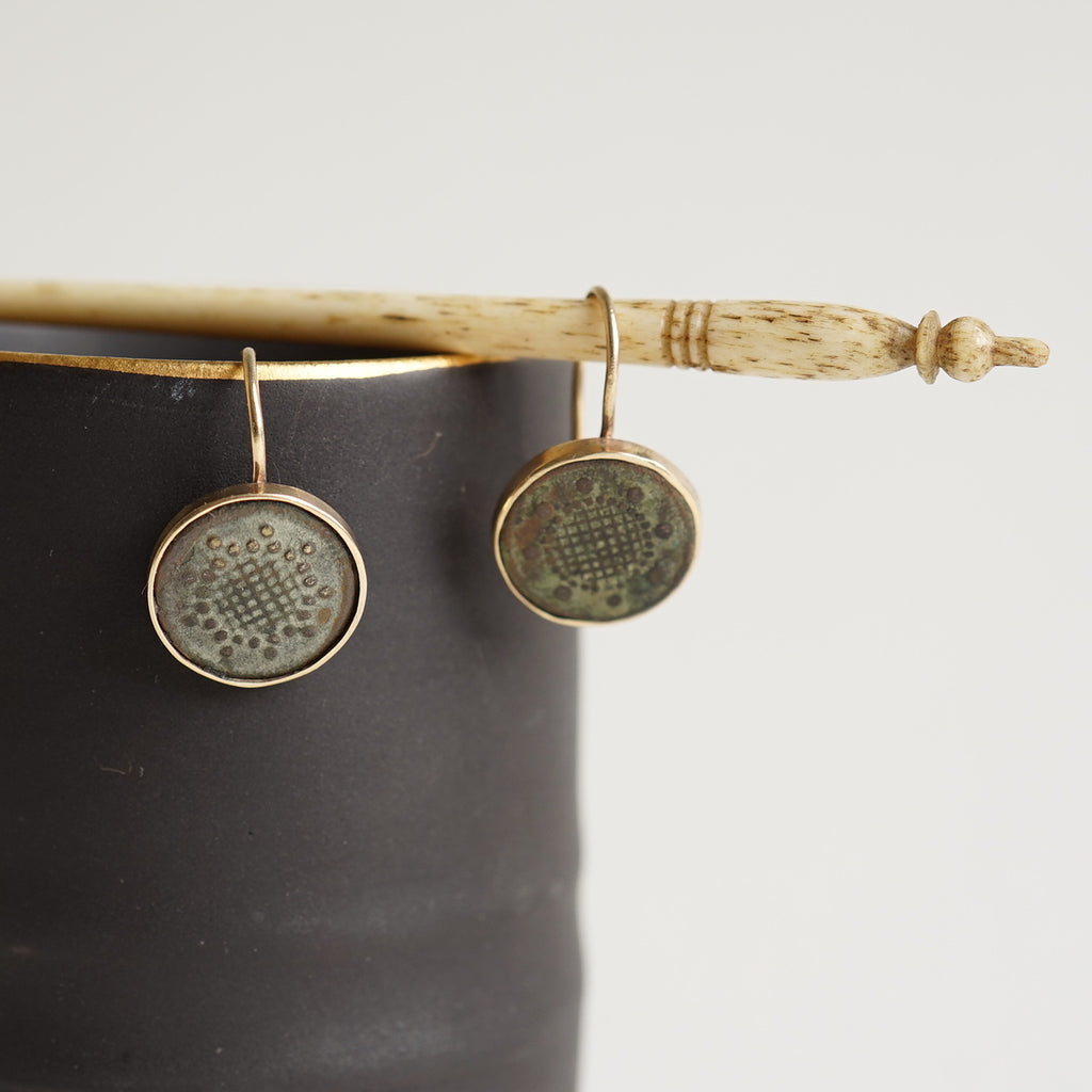 Gold and 18thC Bronze Button Hook Earrings