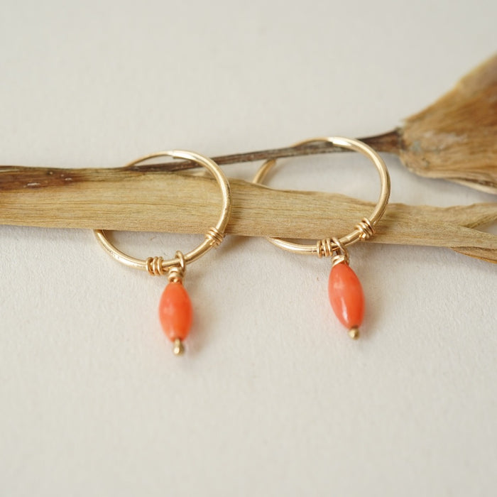 Oval Coral Bead and Gold Hoop Earrings