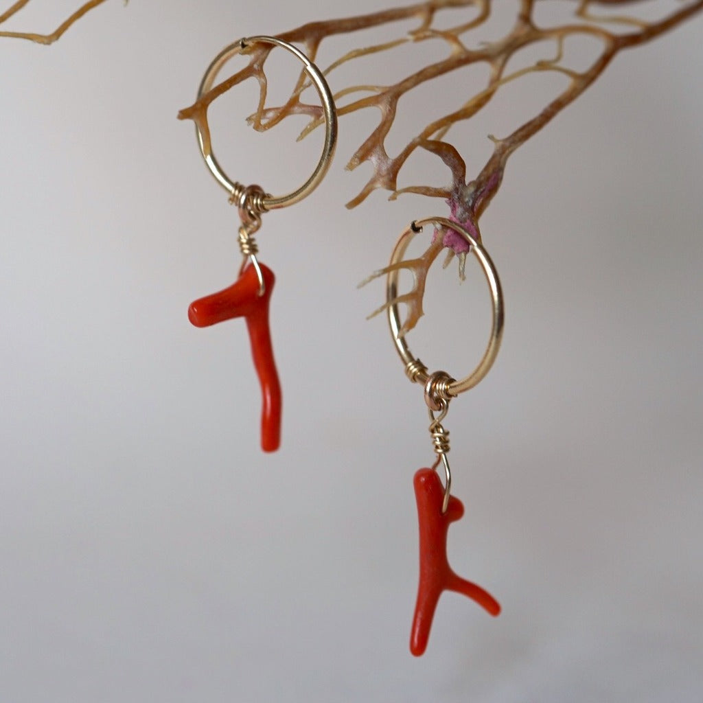 Twig Coral and Gold Hoop Earrings Badger's Velvet