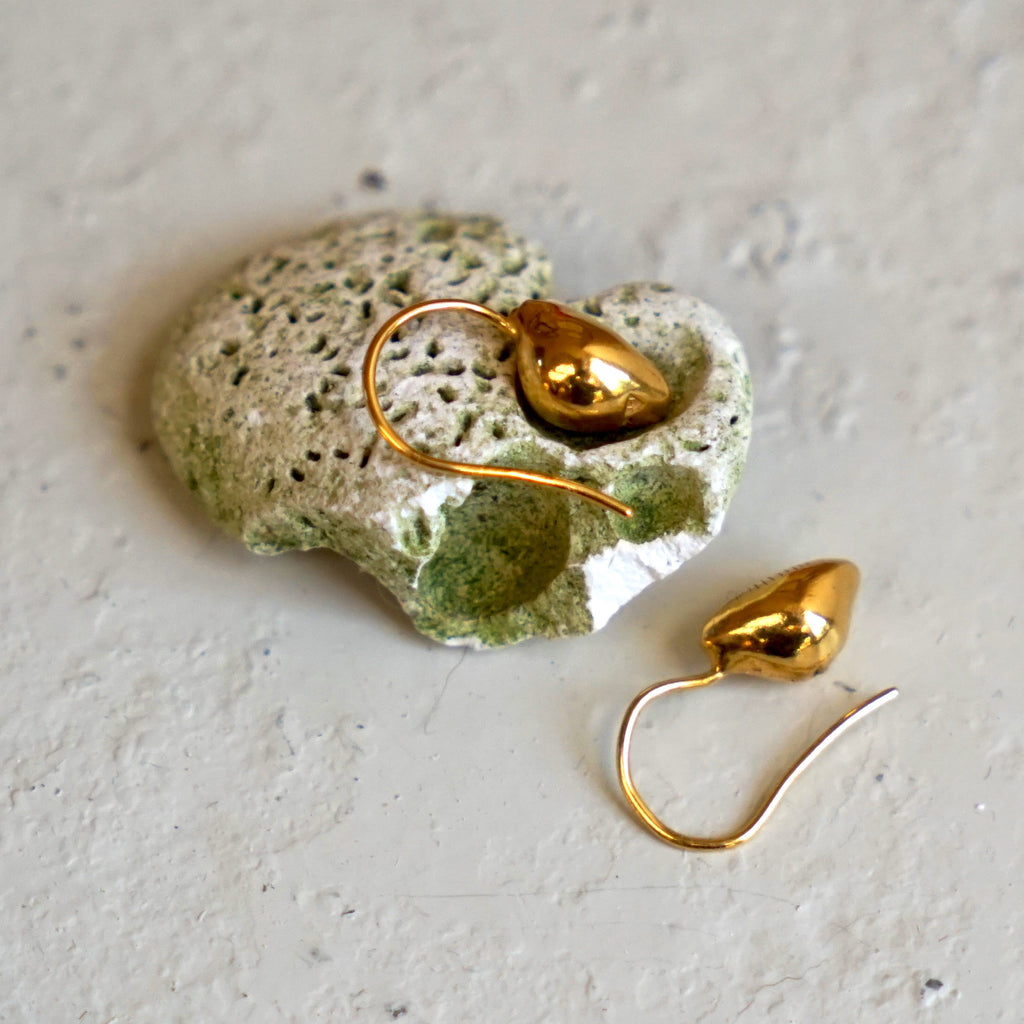 Gold cowrie shell earrings, 22ct gold on silver, handmade shell earrings.