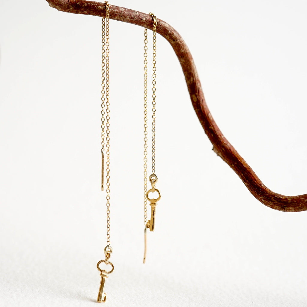 Gold Key Threader Earrings
