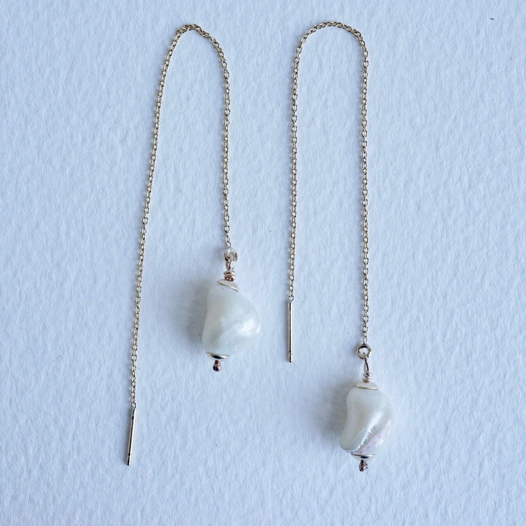 Gold and Baroque Pearl Threader earrings. Badgers Velvet