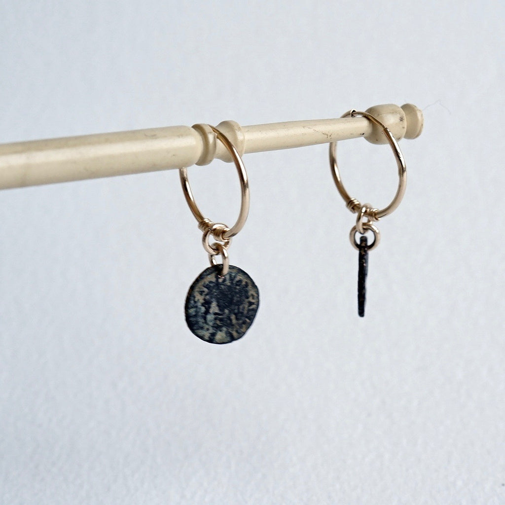 Badger's velvet 9ct Gold Hoop earrings with Roman coins.