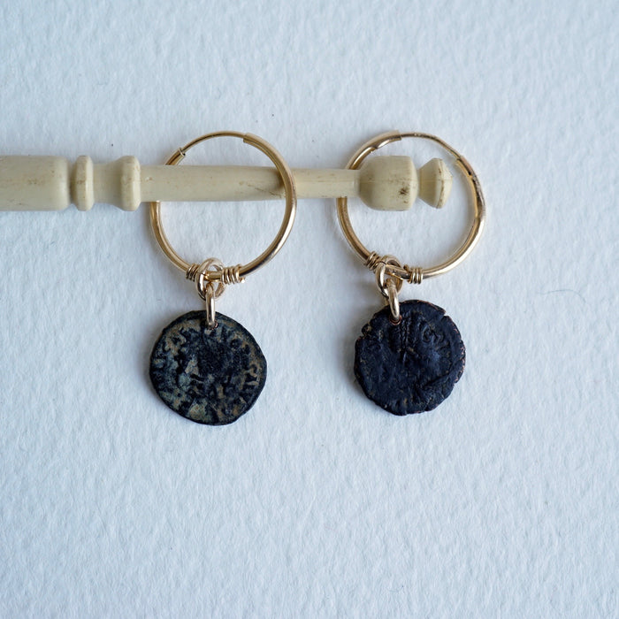 Badger's velvet 9ct Gold Hoop earrings with Roman coins.