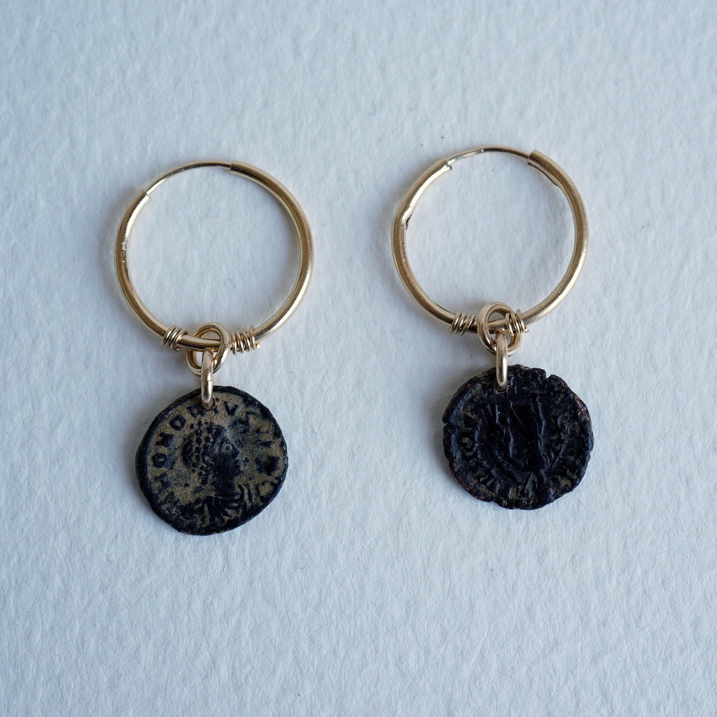 Badger's velvet 9ct Gold Hoop earrings with Roman coins.