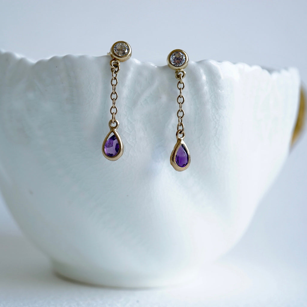 9ct Gold Amethyst & Zircon Earrings