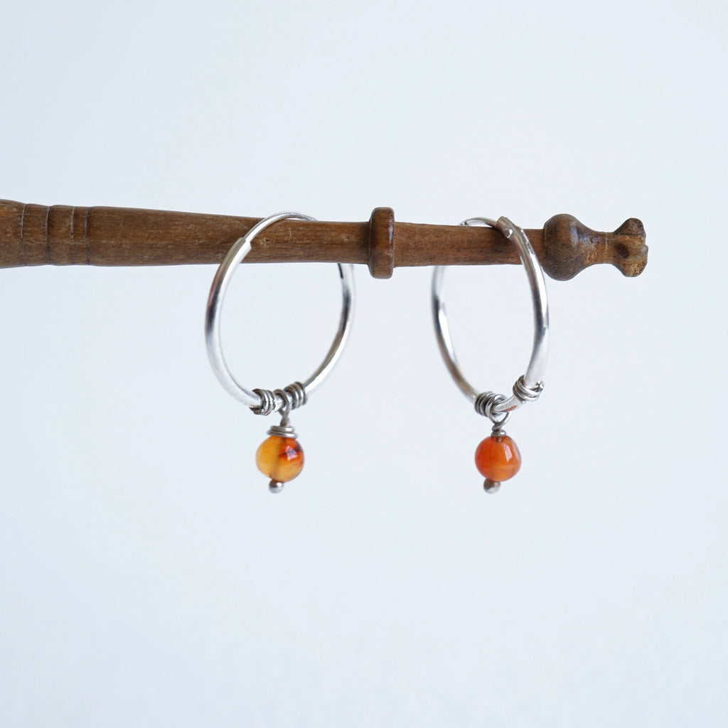 Badger's Velvet Silver 15mm Hoop Earrings with Vintage Indian Agate Beads.