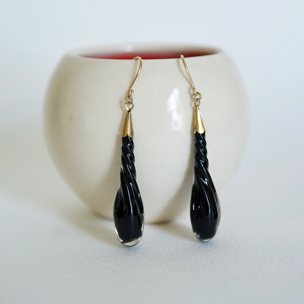Victorian Glass Torpedo Drop Gold Hook Earrings