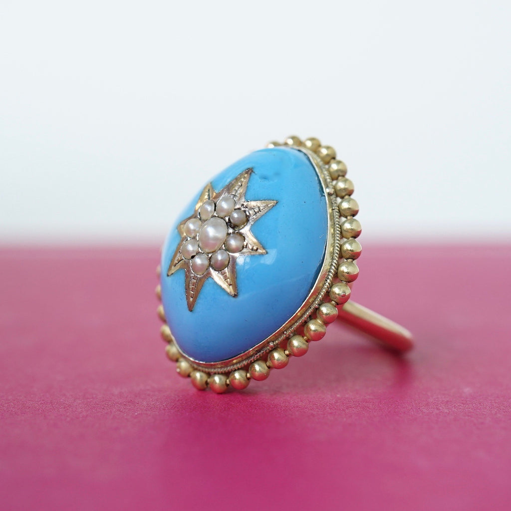Gold Enamel and Seed Pearl Ring