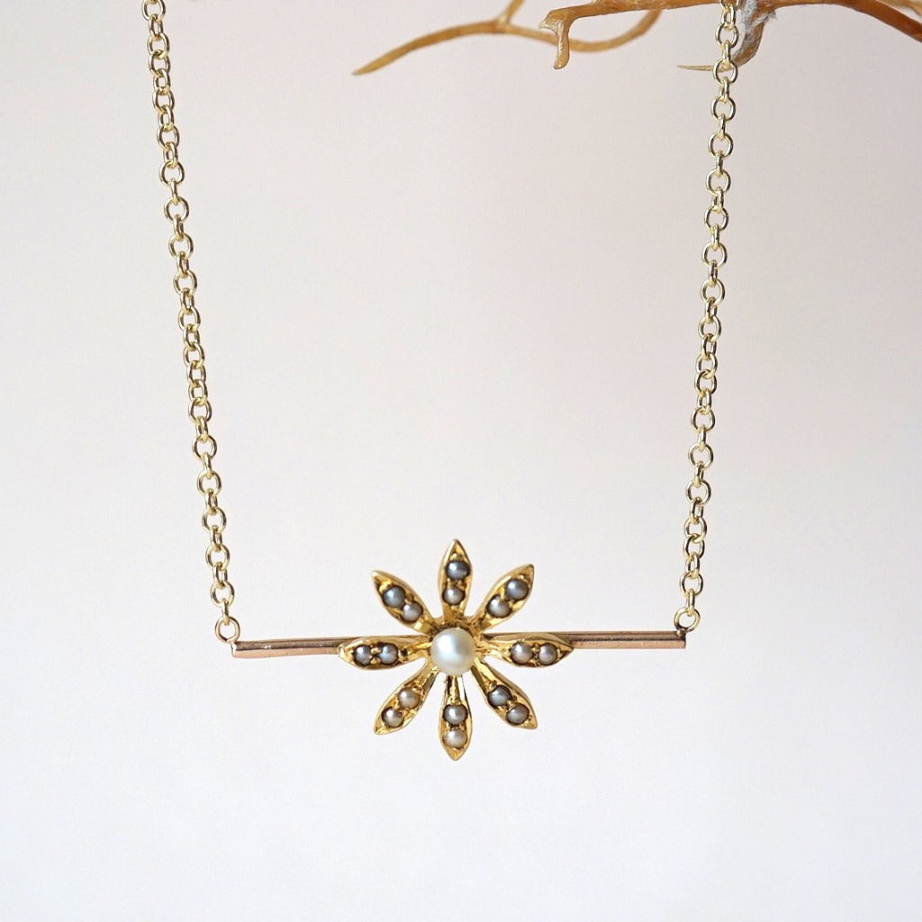 14ct Gold Seed Pearl Daisy Bar Necklace 