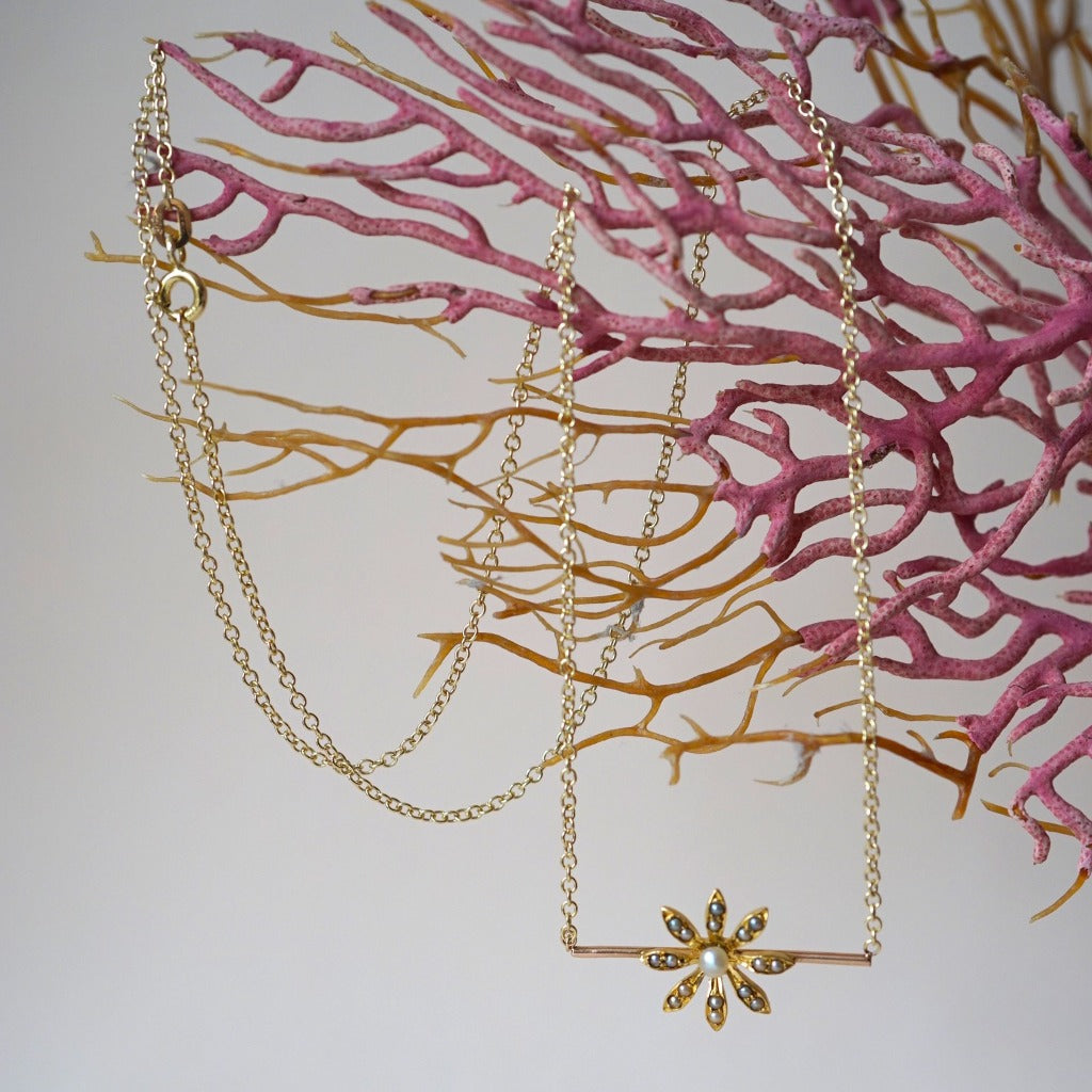 14ct Gold Seed Pearl Daisy Bar Necklace