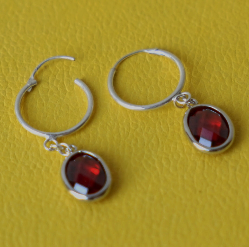 Silver Creole hoop Earrings with Garnet zirconia drop