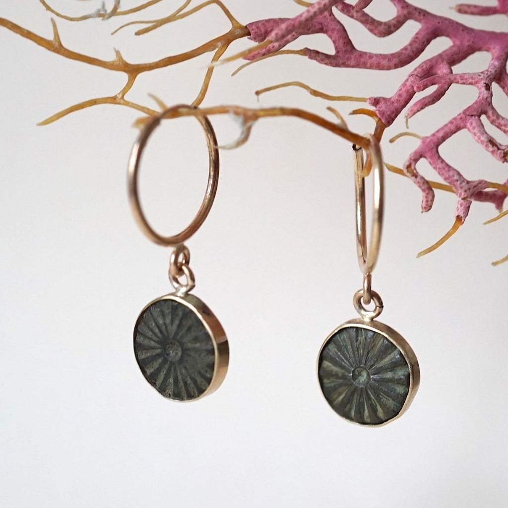 Gold and 18thC Bronze Button Creole Hoop Earrings. Badger's Velvet