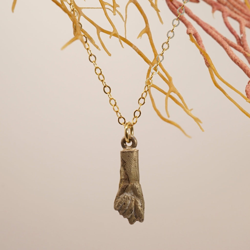 Antique Bronze Figa and Fine Gold Chain