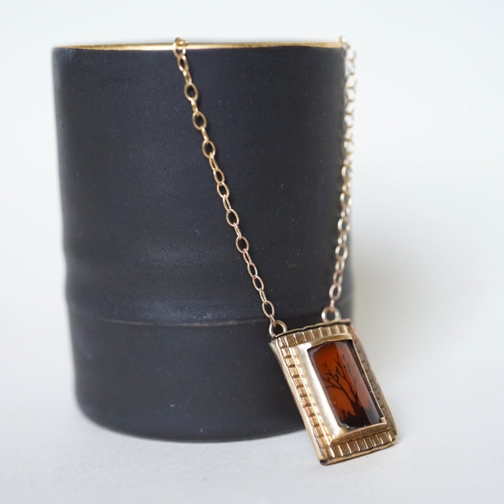 Gold Victorian Painted Agate Tree Oval Chain Necklace