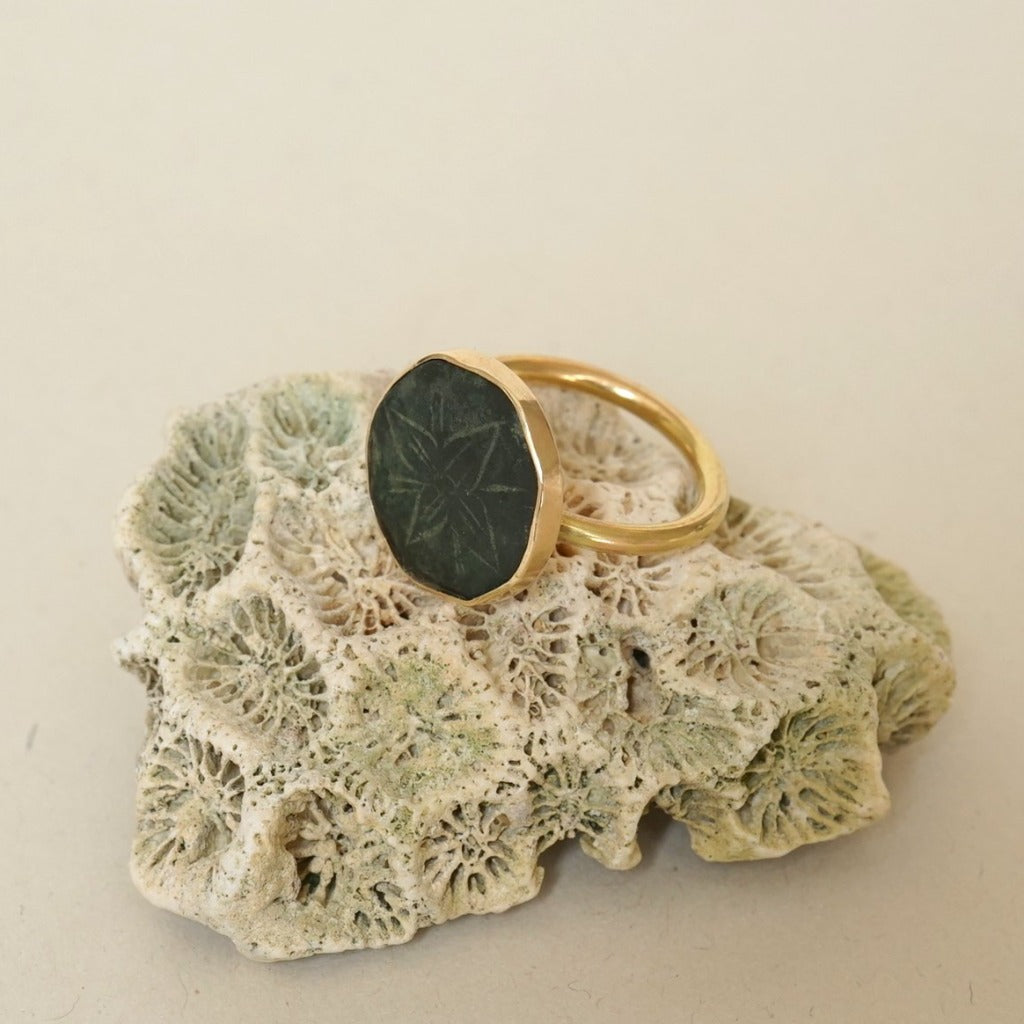Gold and Bronze Etched Flower Ring. Badgers Velvet
