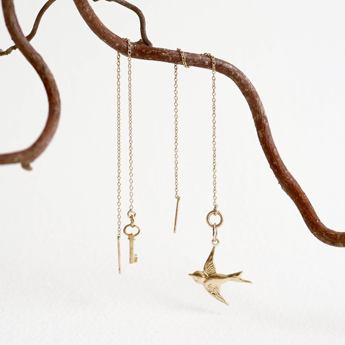 Swallow and Key Gold Threader Earrings