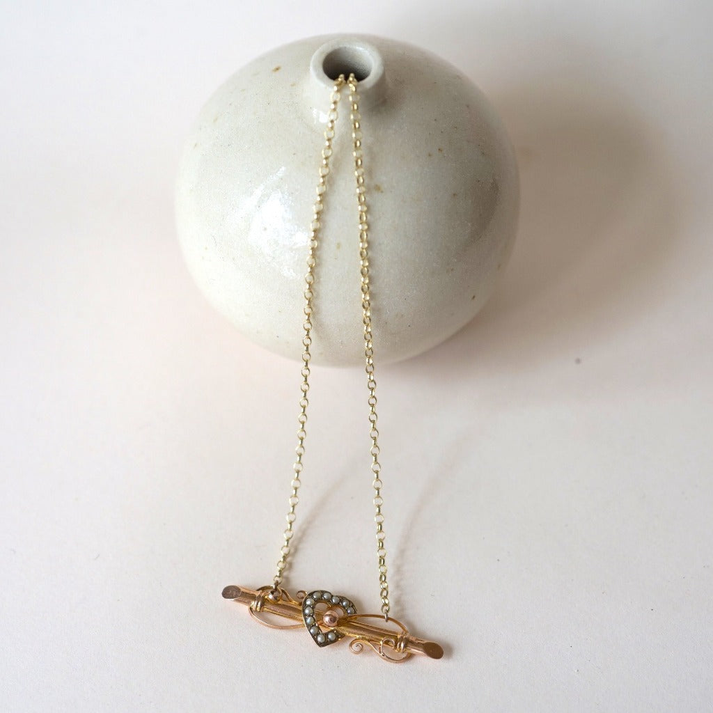 Antique 9ct Gold and Seed Pearl Heart Love Necklace Badger's Velvet