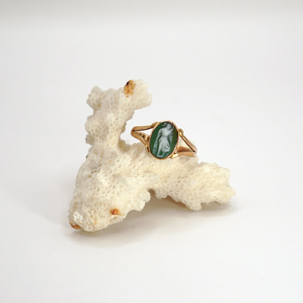 Carved Oval Greenstone Cameo and Gold Ring
