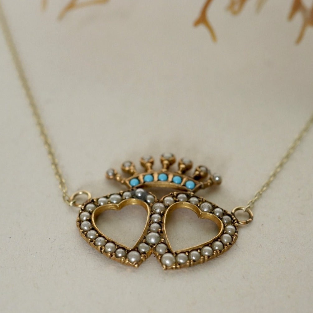 Gold Seed Pearl Heart and Crown Necklace
