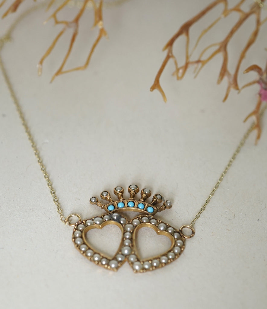 Gold Seed Pearl Heart and Crown Necklace