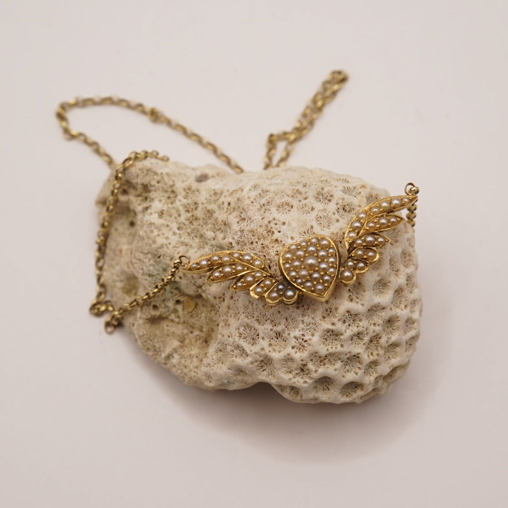 Gold and Seed Pearl Winged Heart Necklace