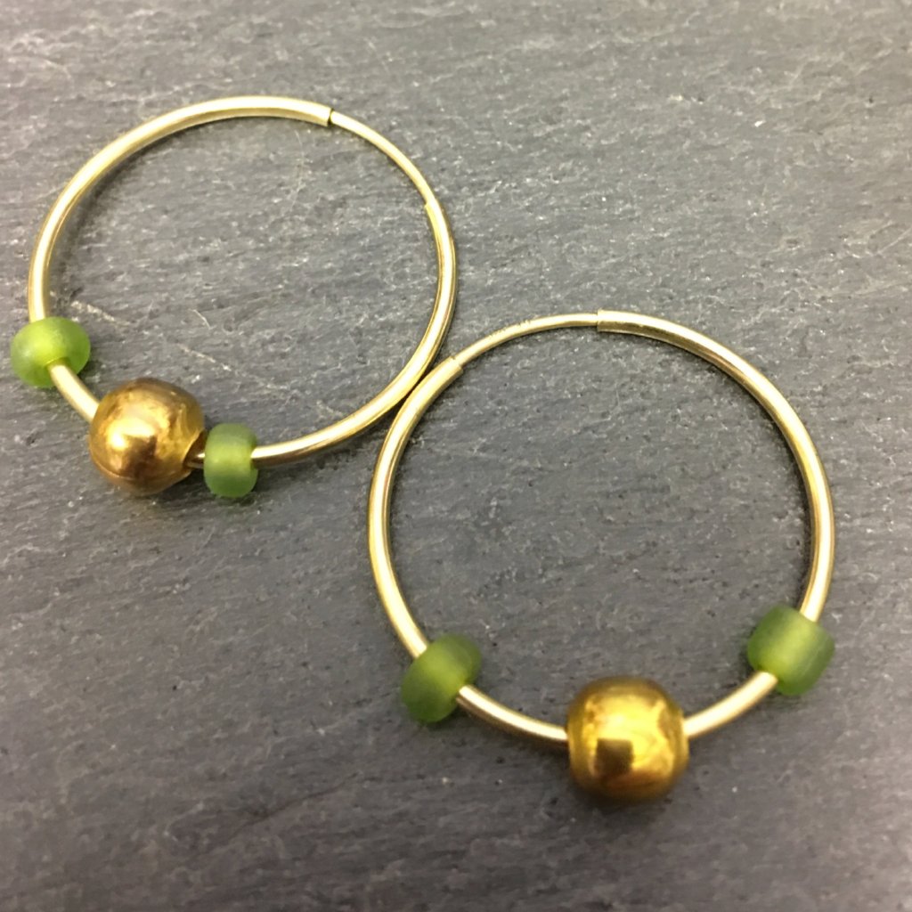 Gold hoops, creole hoops, Gold hoops & beads, Gold hoops and tourmalines. Badgers velvet