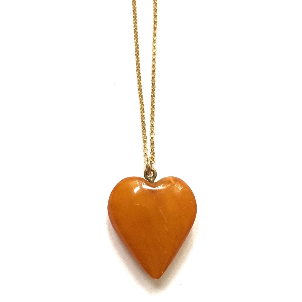 Vintage Amber Heart and Gold Heart Pendant.