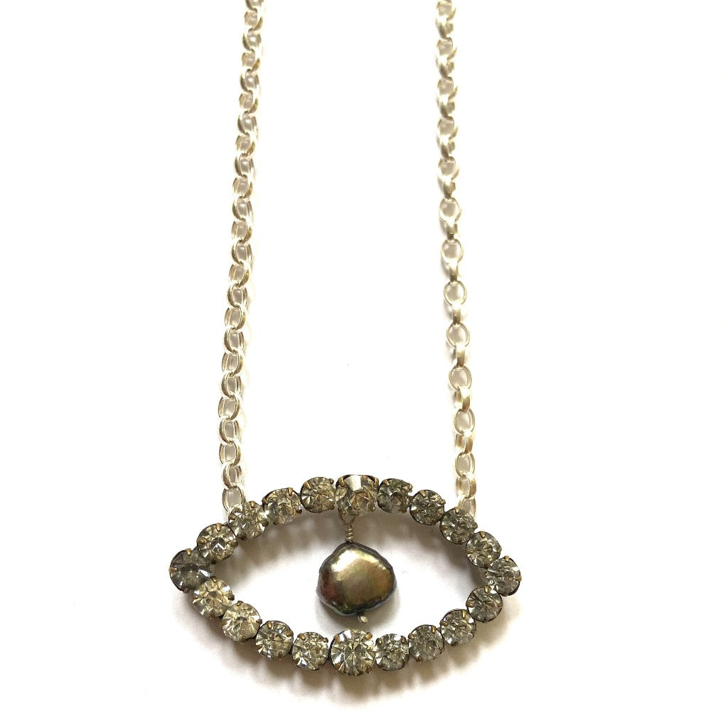 Diamante and Grey Pearl 3rd Eye Silver Necklace