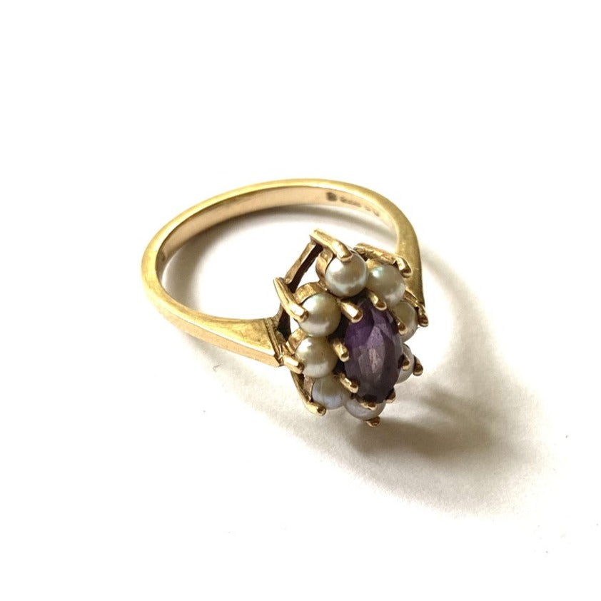 9ct Gold Seed Pearl and Amethyst Oval Ring