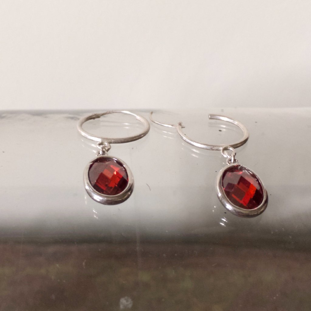 Silver Creole hoop Earrings with Garnet zirconia drop